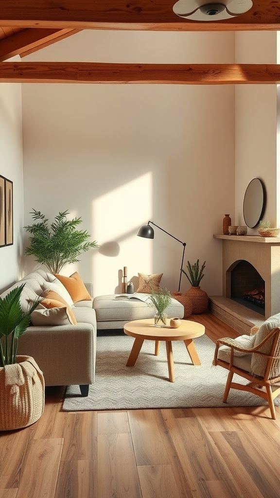 A cozy living room featuring warm earthy tones, a plush sofa, plants, and natural wood accents.