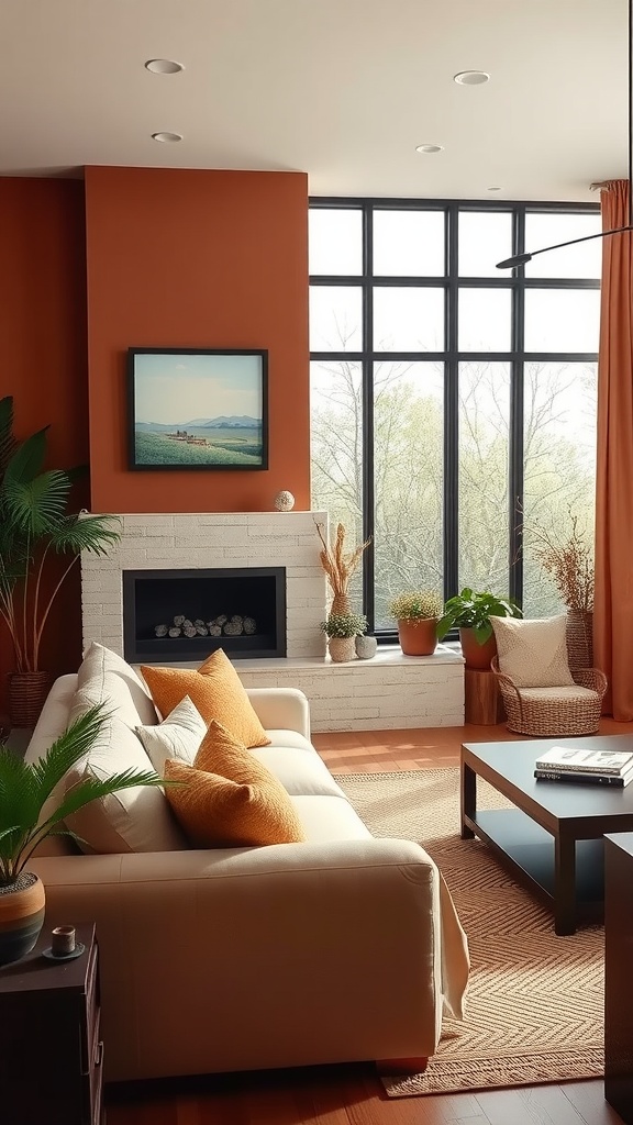 Cozy living room featuring a warm earthy accent wall in terracotta, with natural decor elements and abundant light.