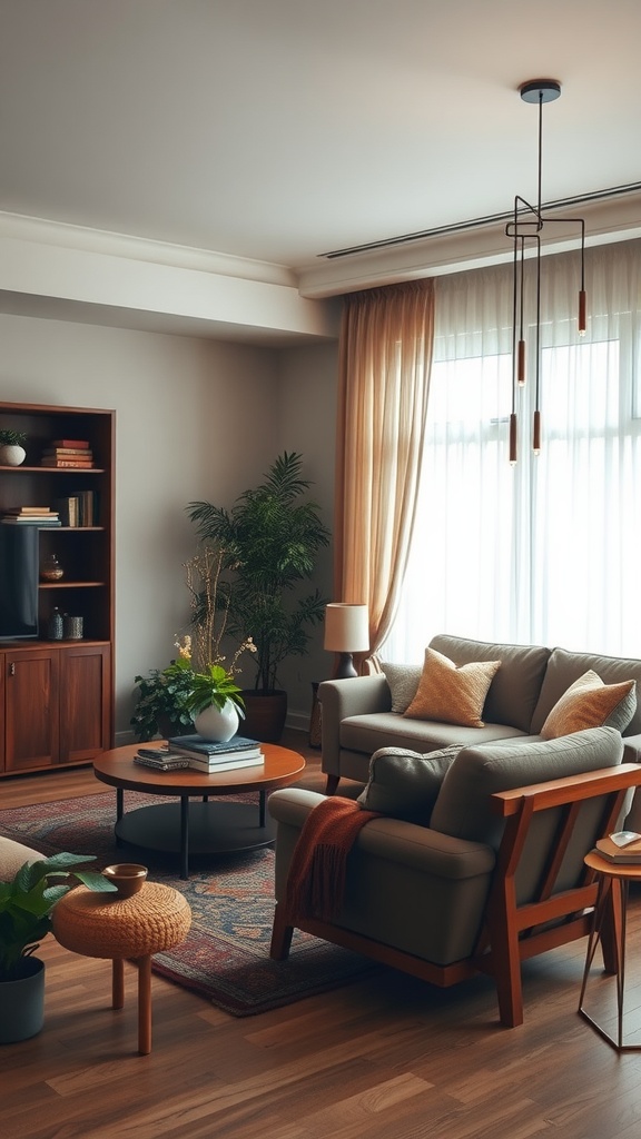 Cozy living room featuring warm earthy tones, a comfortable sofa, wooden furniture, and ample natural light.