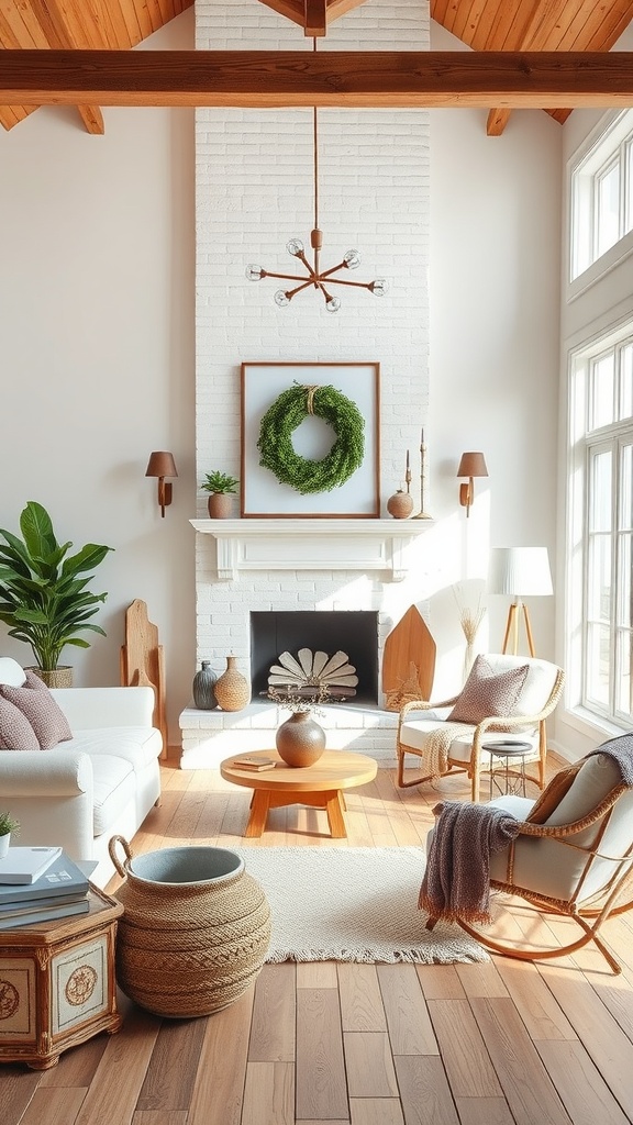 Warm earthy tones in a bright living room with white walls and wood accents