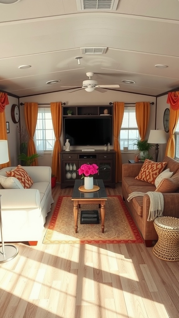 A warm and inviting mobile home living room with earthy tones, featuring a brown sofa, orange curtains, and a floral centerpiece.