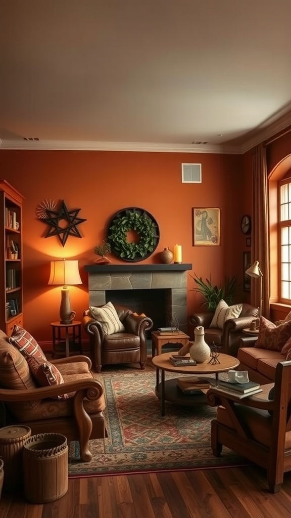 Cozy living room featuring warm earthy tones, leather furniture, and rustic decor