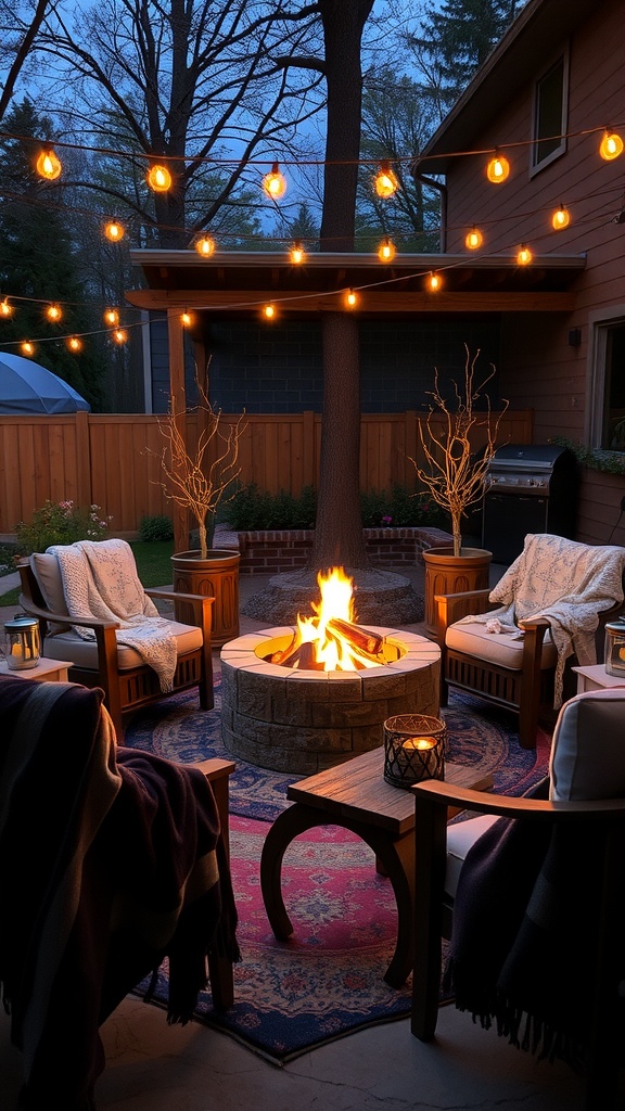 Cozy backyard fire pit with chairs and string lights at dusk