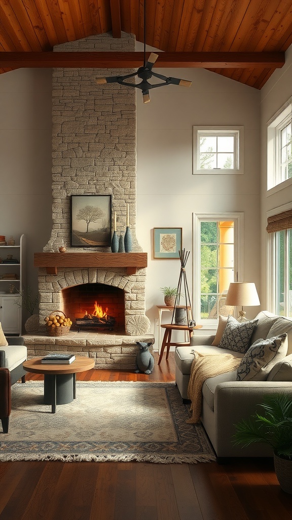 Cozy living room with a warm fireplace, modern furnishings, and a welcoming ambiance.