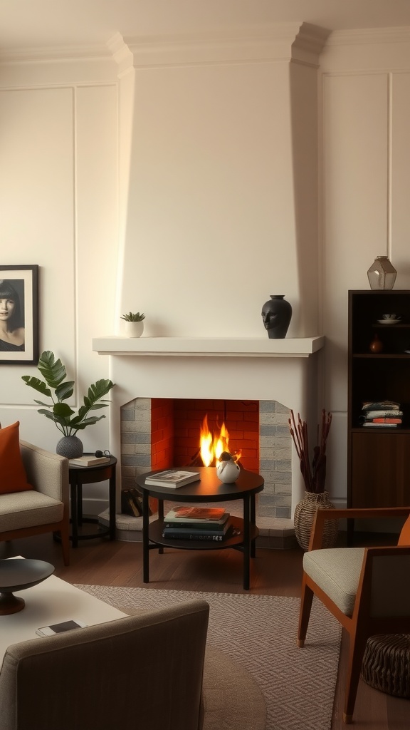 A cozy living room corner featuring a warm fireplace, stylish armchairs, and decorative elements.