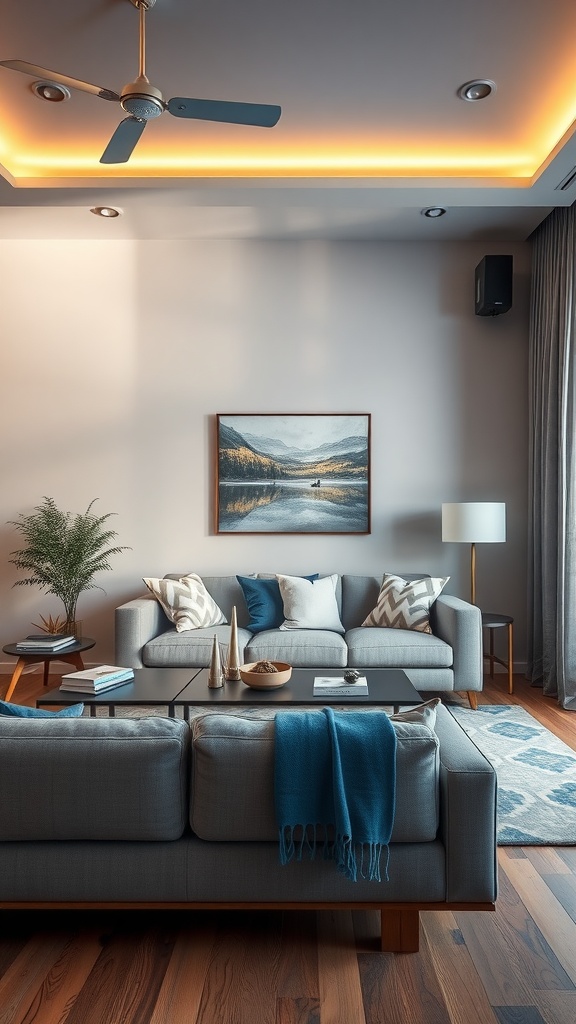 A modern living room with gray furniture, blue accents, and warm lighting.