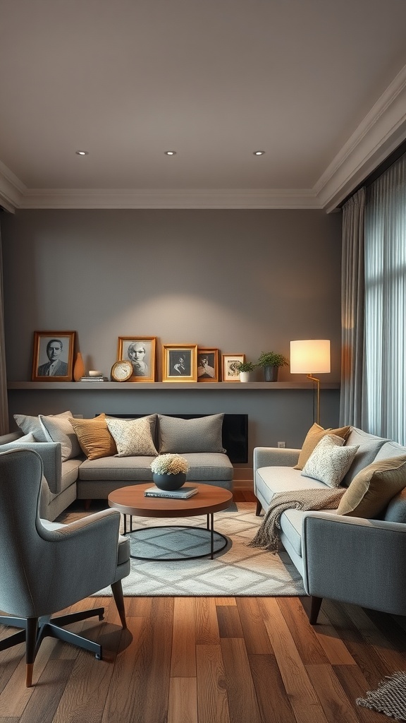 A warm grey living room with gold lighting, featuring grey sofas, a round coffee table, and framed photos on a shelf.