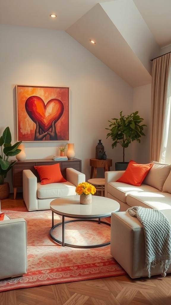 A cozy living room featuring warm colors, a heart-themed painting, and inviting furniture.