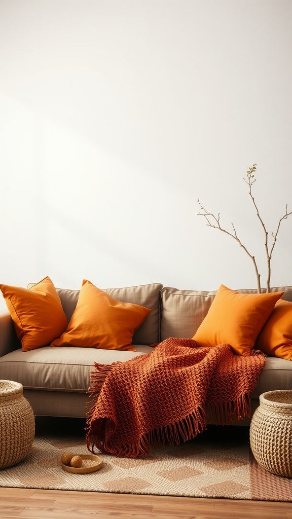 Cozy living room with orange pillows and blanket on a sofa, featuring woven baskets and a light rug.