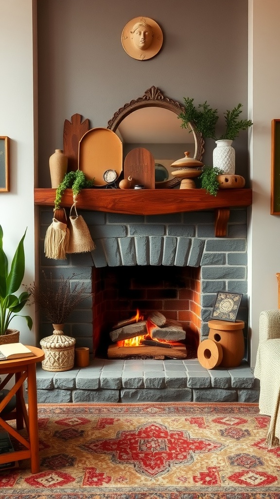 A cozy living room with a fireplace featuring a gray brick surround, warm fire, and a decorated mantel