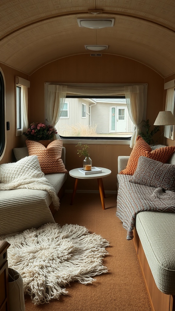 A cozy trailer house living room featuring textured throws, soft cushions, and a warm atmosphere.