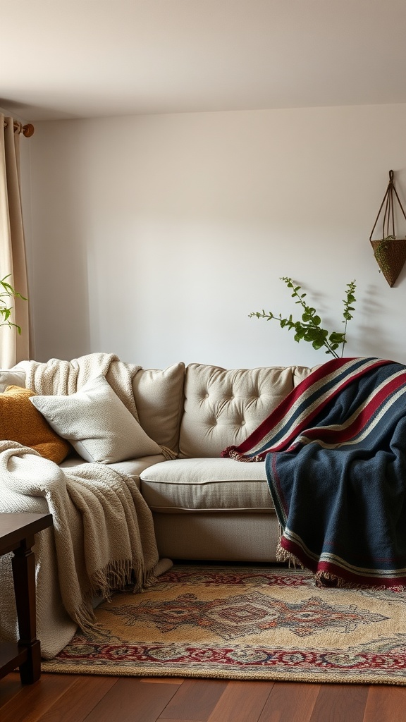 A cozy living room setup featuring a beige couch layered with various throws and cushions, complemented by a patterned rug and greenery.