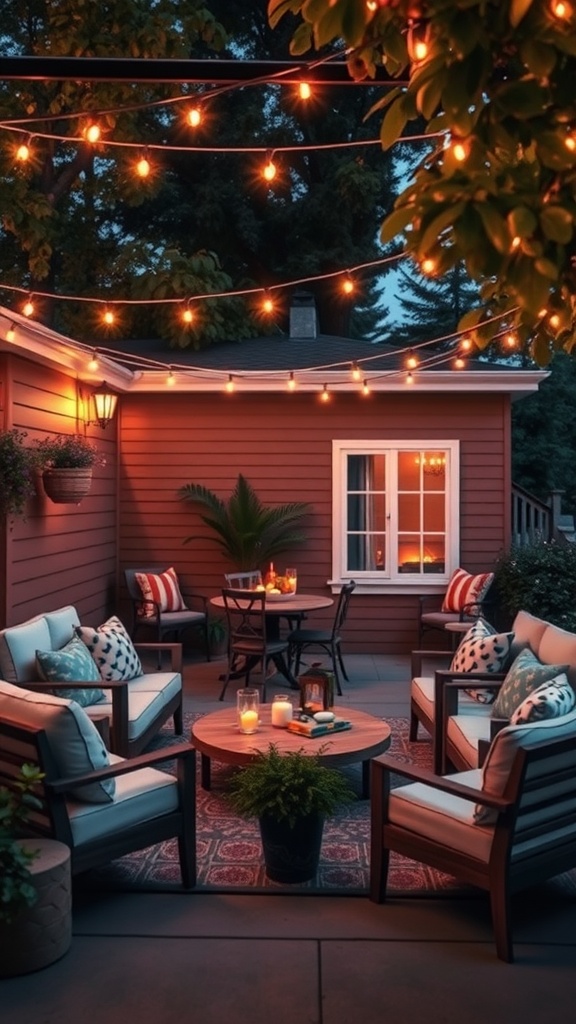 A cozy outdoor living room set up with soft warm lighting, featuring comfortable seating and a central table.