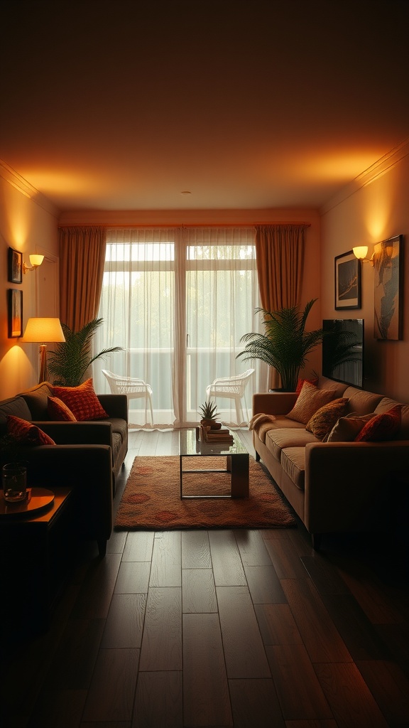 Cozy living room with warm lighting and comfortable seating