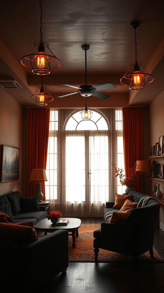 Warm lighting fixtures in a living room with black and burnt orange decor