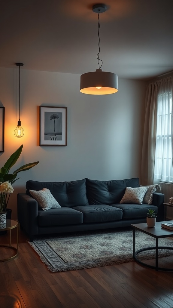 Cozy living room with a black couch and warm lighting fixtures