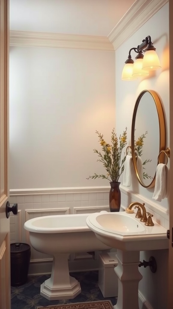 A warm and inviting bathroom with soft lighting, a bathtub, and decor elements