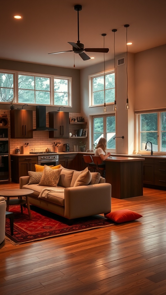 Open kitchen living room with warm lighting and cozy atmosphere