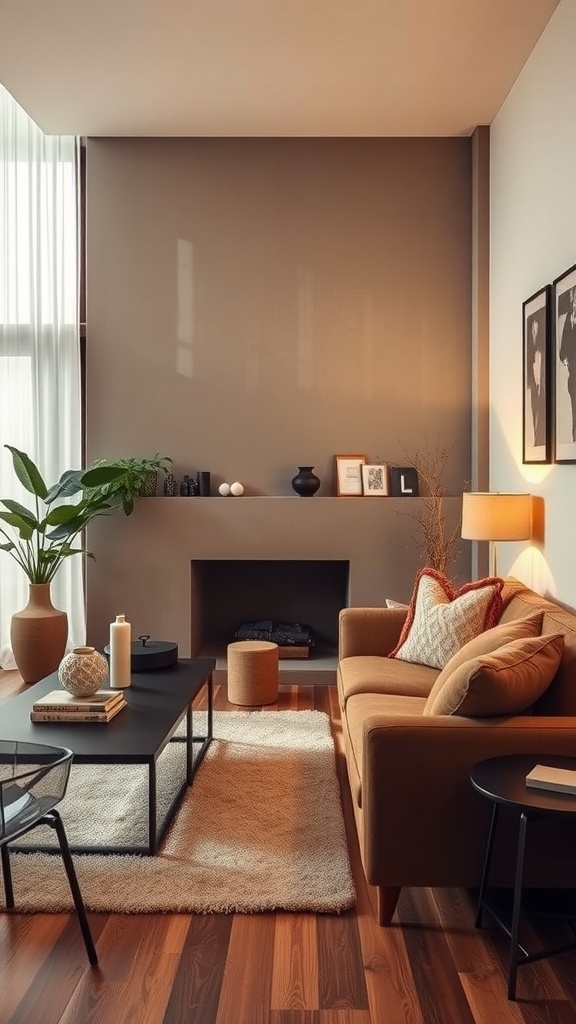 A cozy living room featuring warm lighting, a brown sofa, and earthy decor.