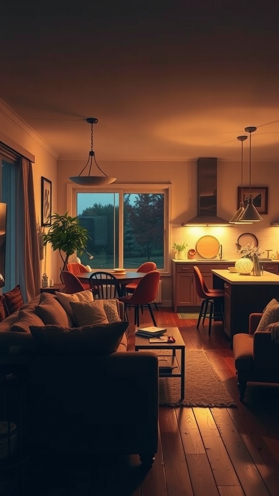 Cozy living room and kitchen space with warm lighting