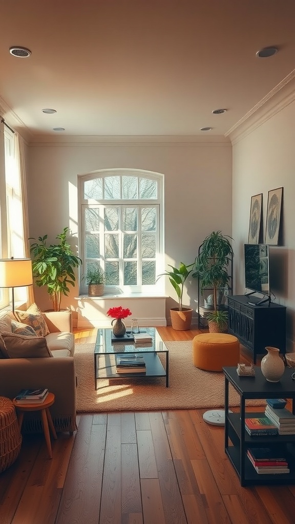 A neutral living room with warm lighting and plants, featuring a cozy sofa and a large window.