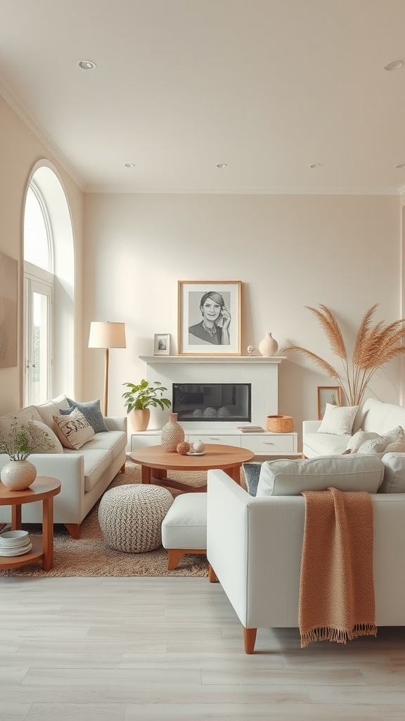 A cozy living room featuring warm neutral tones and white furniture, with a blend of textures and natural elements.