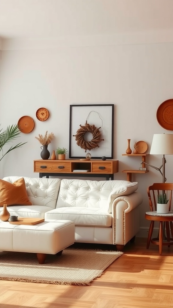 Cozy living room featuring a white leather sofa adorned with warm orange cushions, wooden decor, and natural elements.