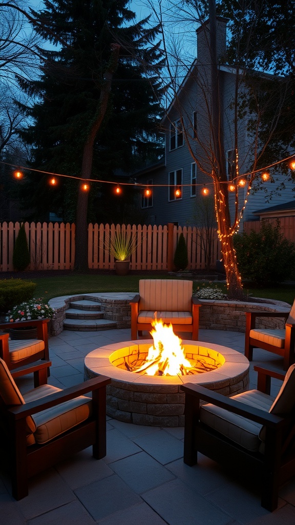 A cozy backyard fire pit setup at night, featuring a stone fire pit surrounded by comfortable chairs and string lights.