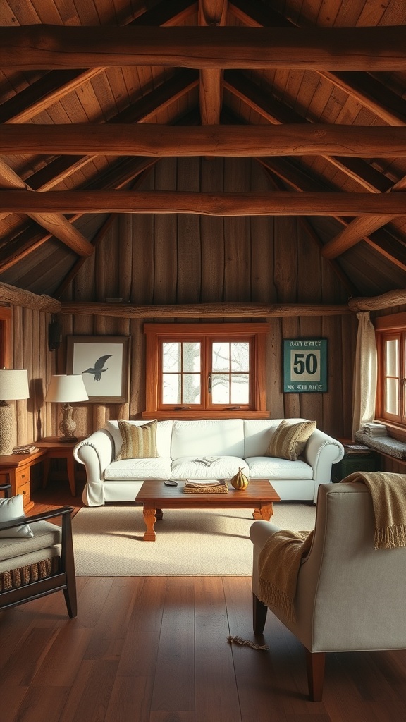 Cozy living room with a white couch, wooden beams, and warm decor.