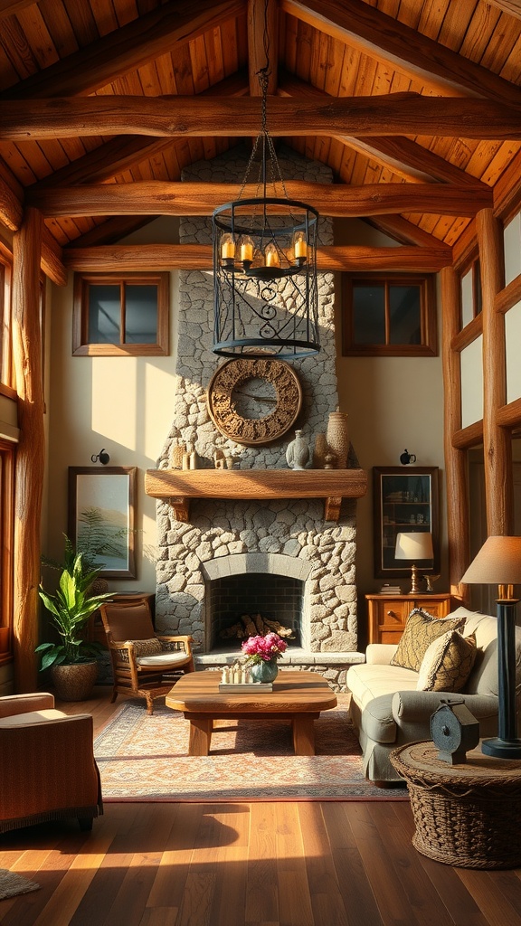 A rustic sunken living room with wooden beams, a stone fireplace, and cozy furniture.