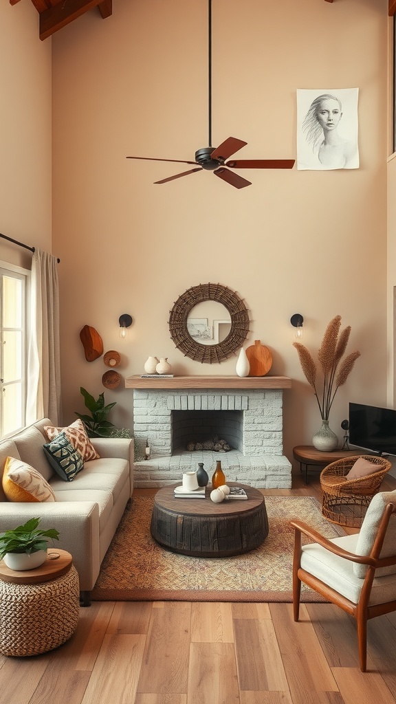 Living room painted in warm sand color with natural decor and cozy furnishings