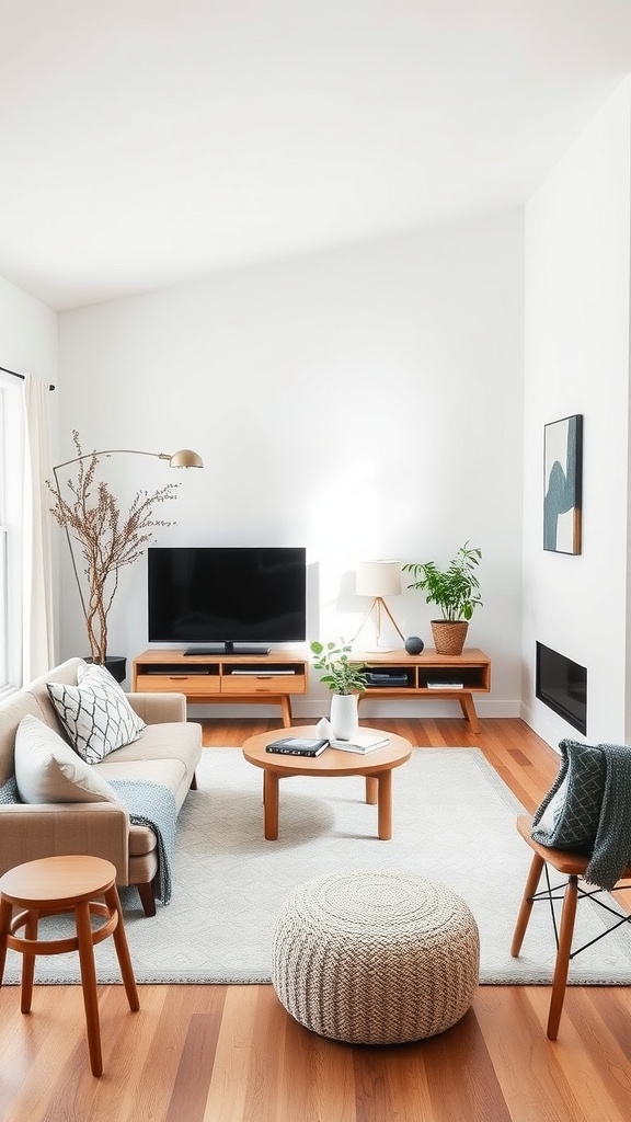 A cozy Scandinavian living room with a white accent wall, wooden furniture, and plants.