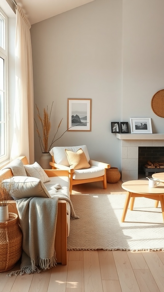 Cozy Scandinavian living room with light wood furniture, neutral colors, and natural decor.