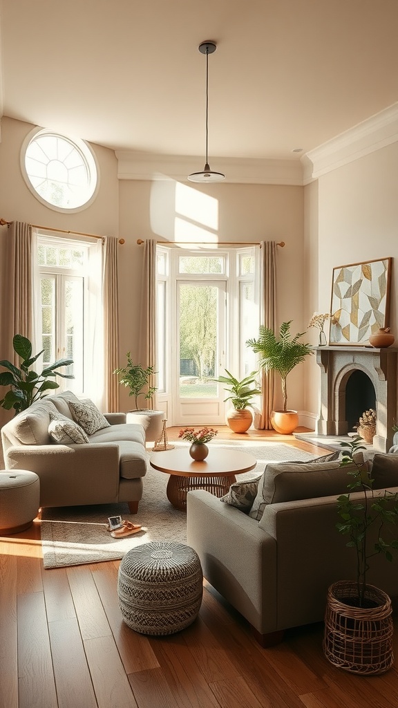 Cozy living room with warm taupe color scheme, featuring natural light, plants, and comfortable furniture.