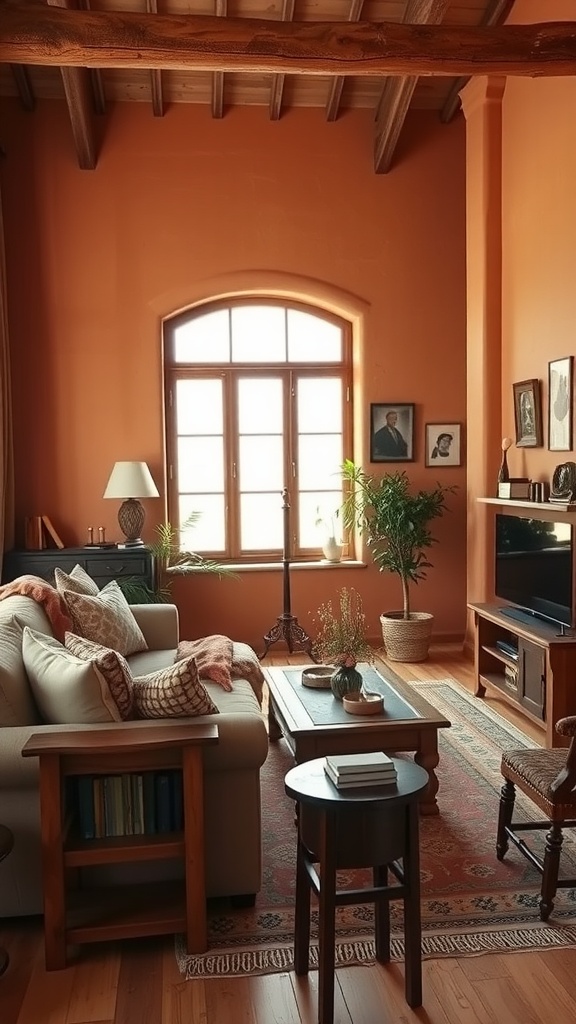 Living room with warm terracotta walls, wooden beams, and cozy furniture.