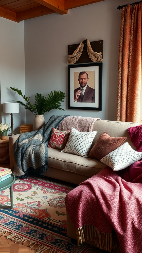 A cozy living room with a sofa covered in warm blankets and patterned pillows, featuring a decorative rug and a potted plant.