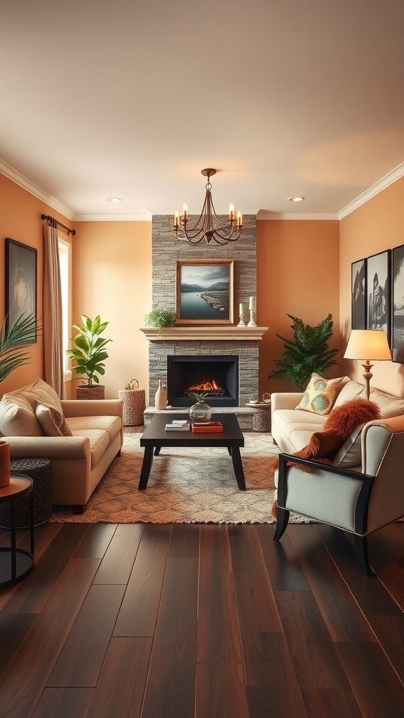 A warm-toned living room with dark wood floors, featuring a fireplace and cozy furniture.