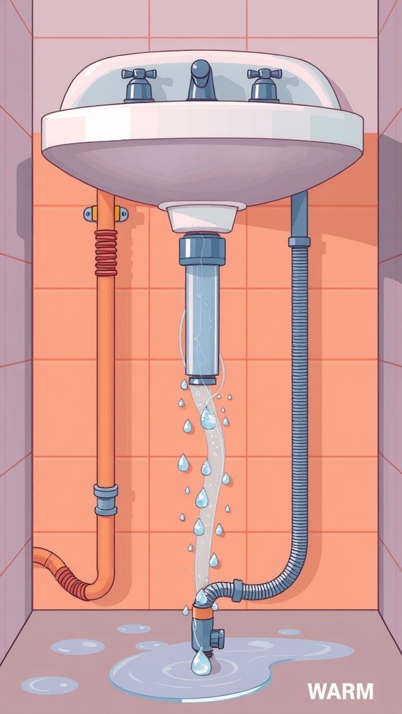 Illustration of a plumbing setup under a sink showing warm water recirculation