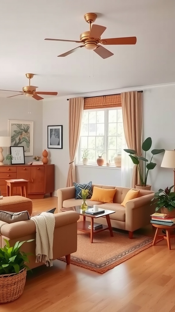 A modern rustic living room with warm wood accents, featuring light wood flooring, wooden furniture, and cozy textiles.