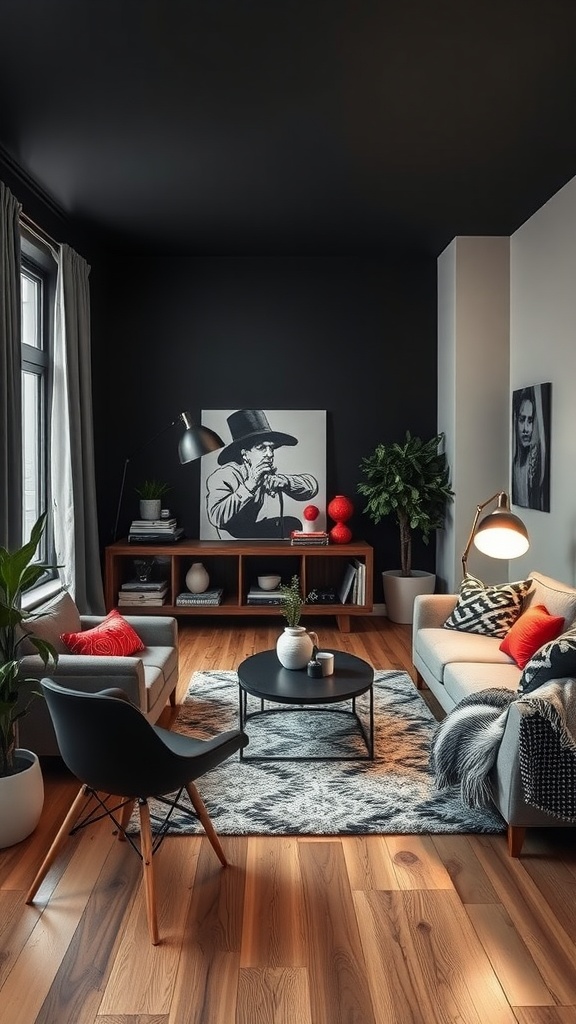 A modern living room featuring black walls, wooden flooring, and stylish furniture.