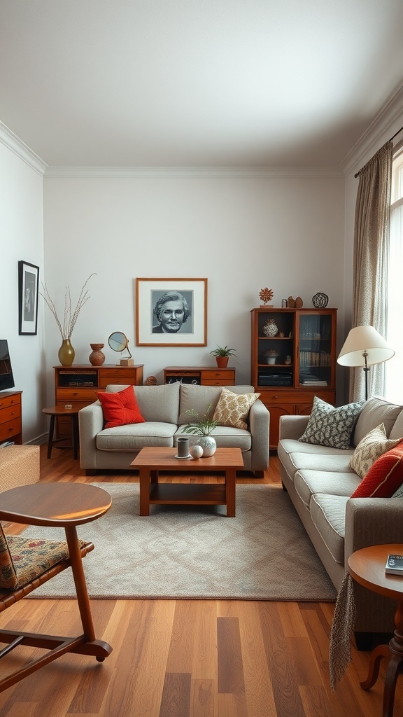 Cozy living room featuring warm wood accents, comfortable furniture, and decorative elements.