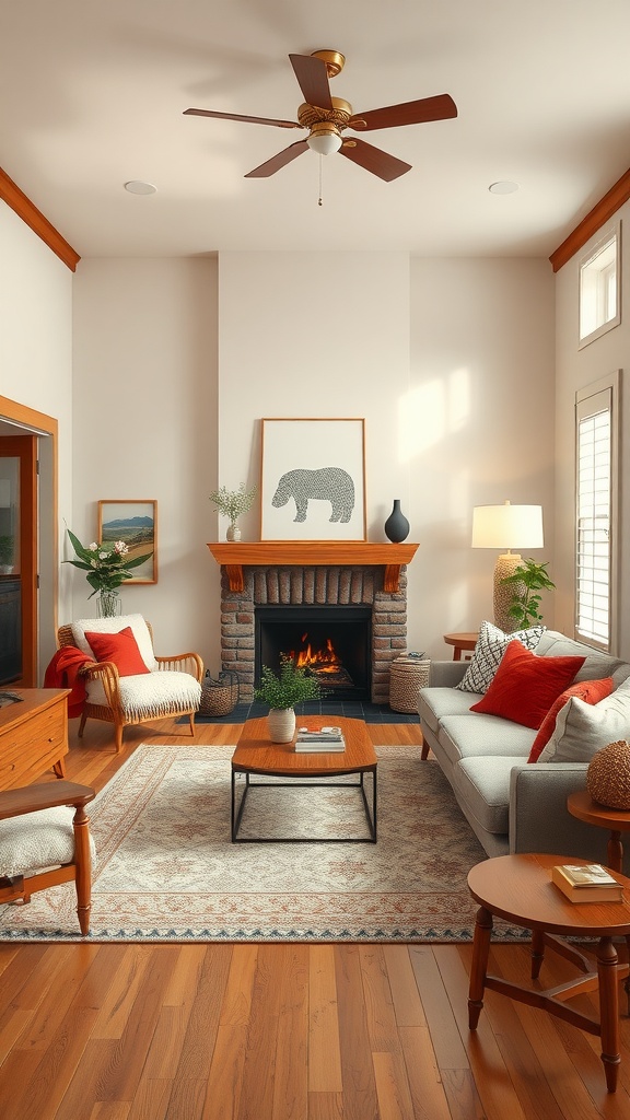 A cozy living room featuring warm wood accents and comfortable textiles.