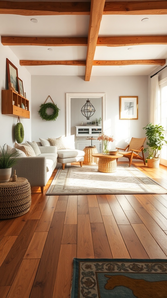 A cozy farmhouse living room with warm wood flooring, light furniture, and natural decor.