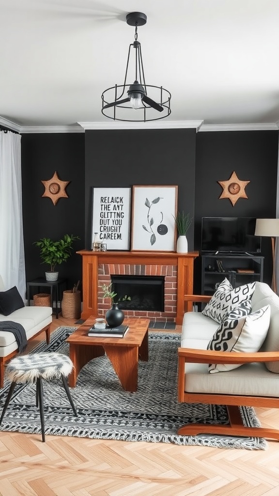 A stylish boho living room featuring warm wood tones in furniture against a black and white color palette.