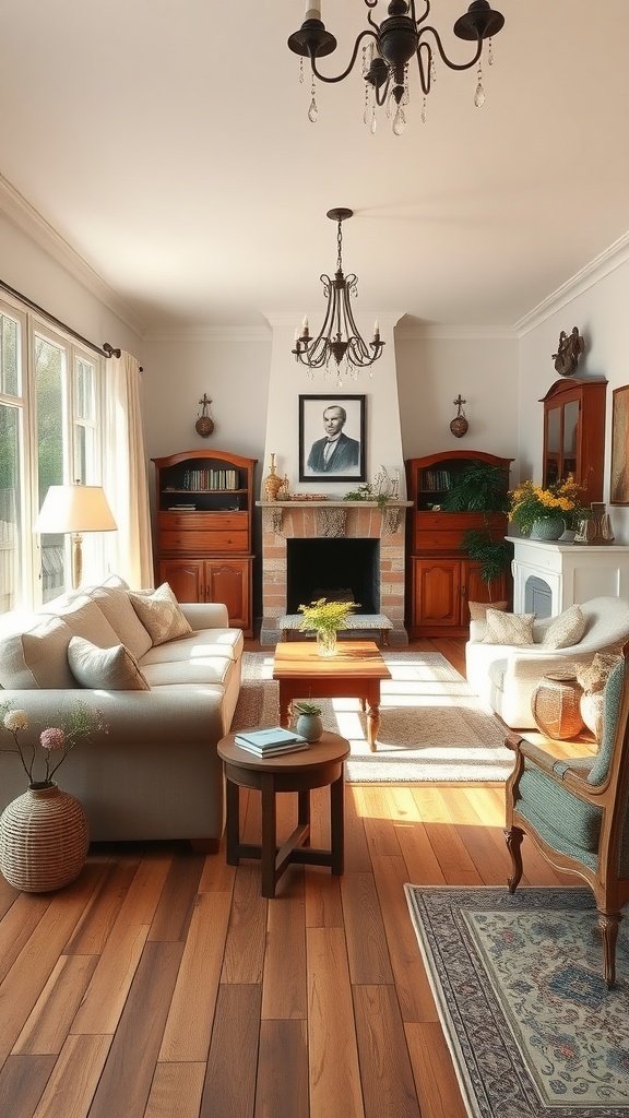 A cozy living room with warm wooden floors, soft furniture, and elegant decor.