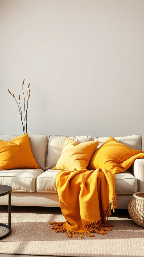 Cozy living room with a beige sofa featuring yellow pillows and a throw blanket, a black side table, and a woven basket.