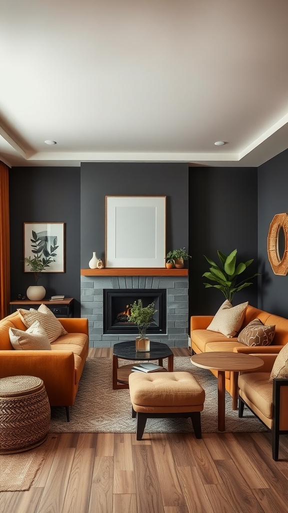 A cozy living room with dark walls and warm tan furniture, featuring plants and a fireplace.