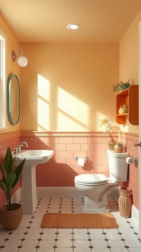 A warm and inviting bathroom with peach walls, pink tiles, and natural decor elements.