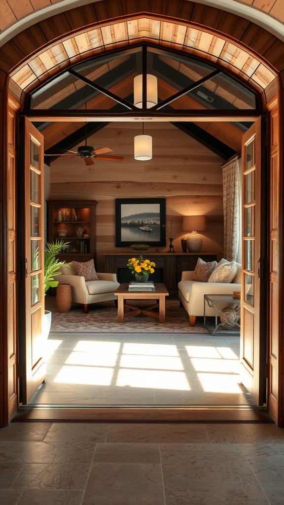 A warm and inviting entry to a modern rustic living room featuring large wooden doors, warm lighting, and cozy furniture.