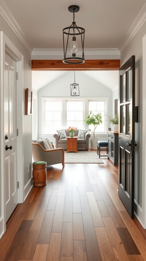 Welcoming farmhouse-style entry space leading to a living room with wooden flooring and natural light.